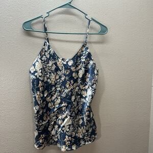 Nordstrom 100% Silk Blue Floral V Neck Tank Top Satin Boho Fairy Y2K Womens‎ S